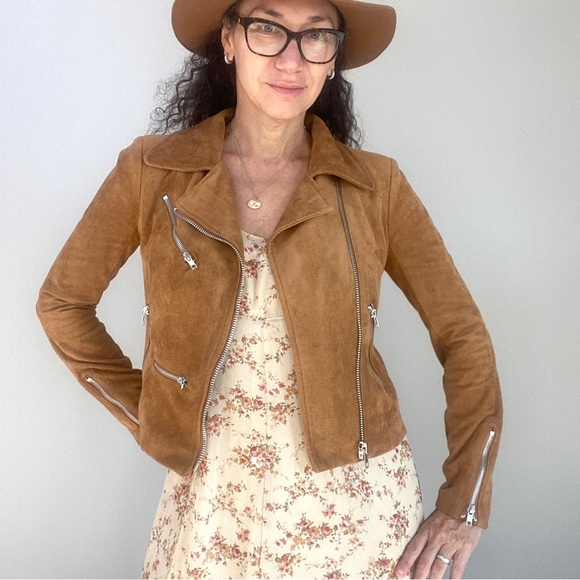 Lulu’s “Suede” With Love faux suede caramel-colored zip Moto jacket Sz Small - Picture 3 of 14
